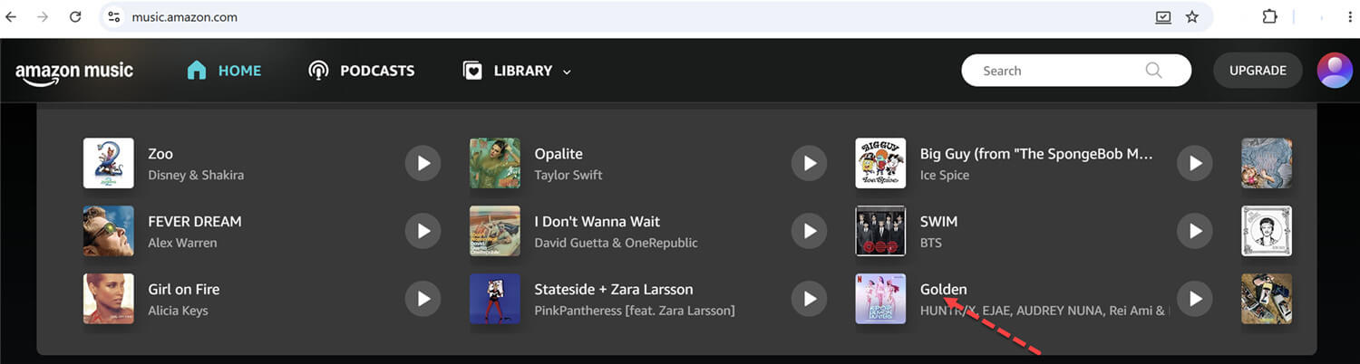 Open Amazon Music at music.amazon.com in your browser or open the Amazon Music app